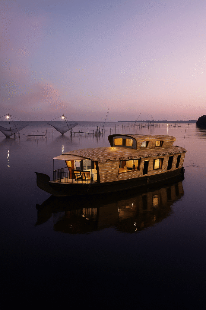 Alleppey Kerala houseboat on calm backwaters during sunset with Chinese fishing nets