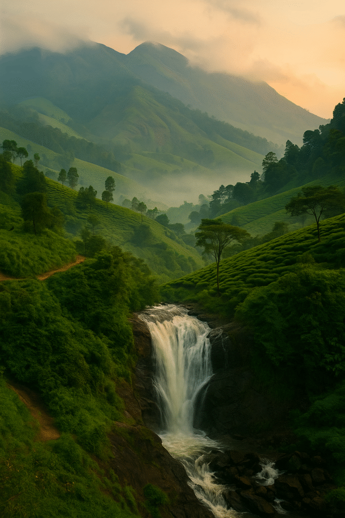 Munnar waterfalls and tea plantation landscape Kerala