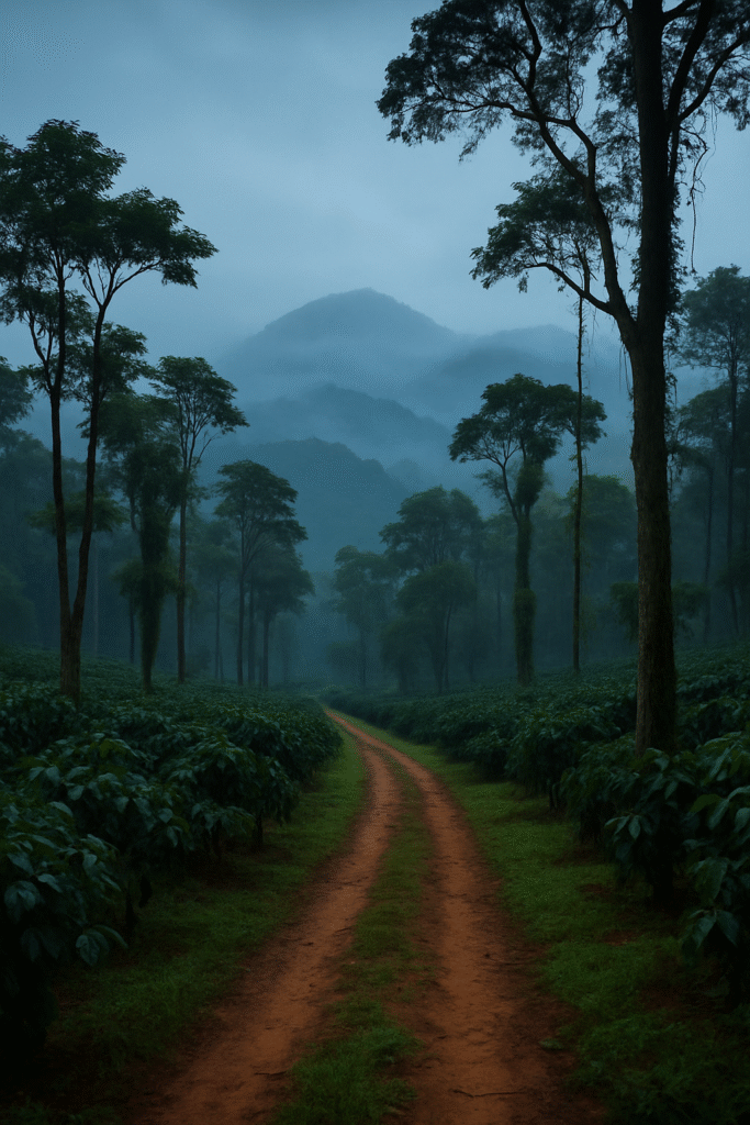 Wayanad tea plantation landscape in Kerala during sunrise, misty hills and green valleys