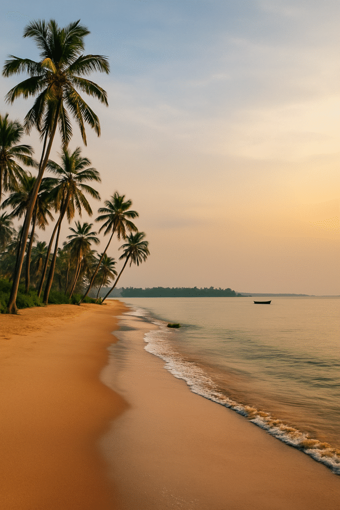 Poovar golden sand beach at sunset with palm trees